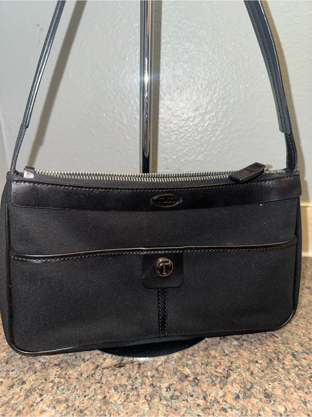 Tod's Black Canvas shoulder Bag with Leather Trim NWOT.